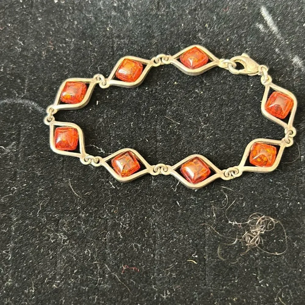 Vintage Amber Silver Bracelet jewel accessory Fossil charm stone diamond design